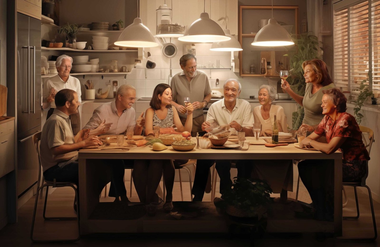 here's to our golden years : jovial dinner party in senior couples house designed to suit - quintessential independent living and aging in place after downsizing