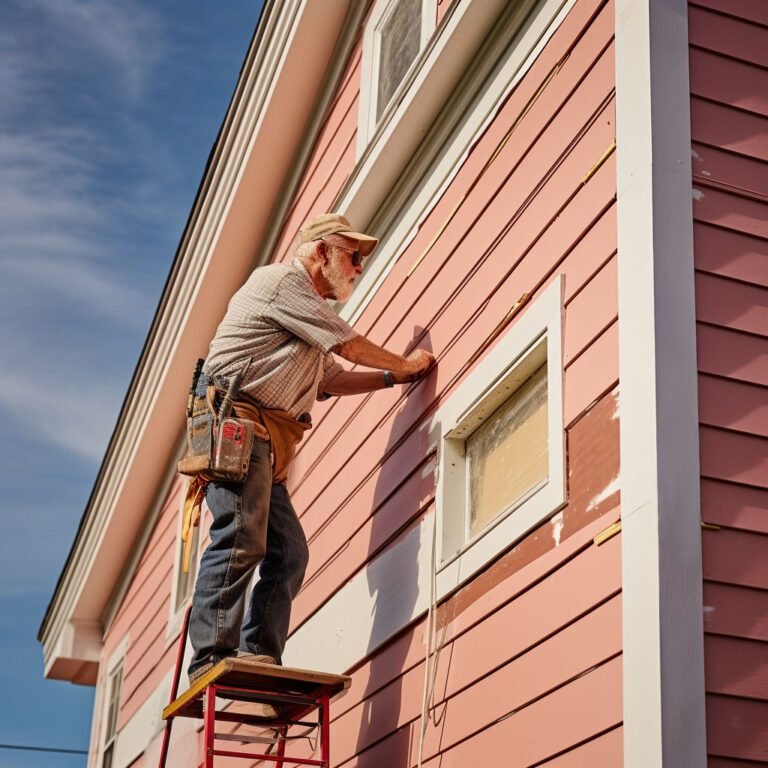 old painter scraping loose paint to prepare for repainting house, keep your house in good repair - a prime motto for independent living and aging in place