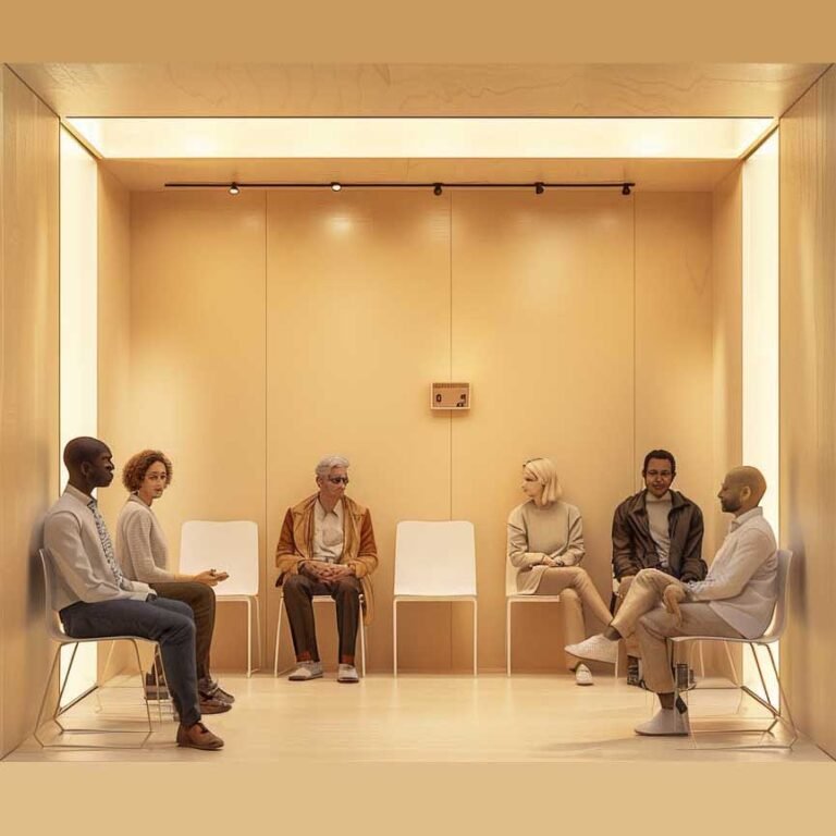 scene in a modern clean walk in clinic waiting room with 6 patients waiting