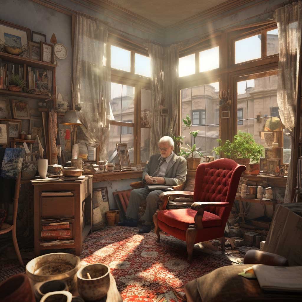 Old fashioned cluttered sitting room in Victorian home, old man sitting in dusty armchair reading a book, surrounded by old pottery, knick knacks and stuff