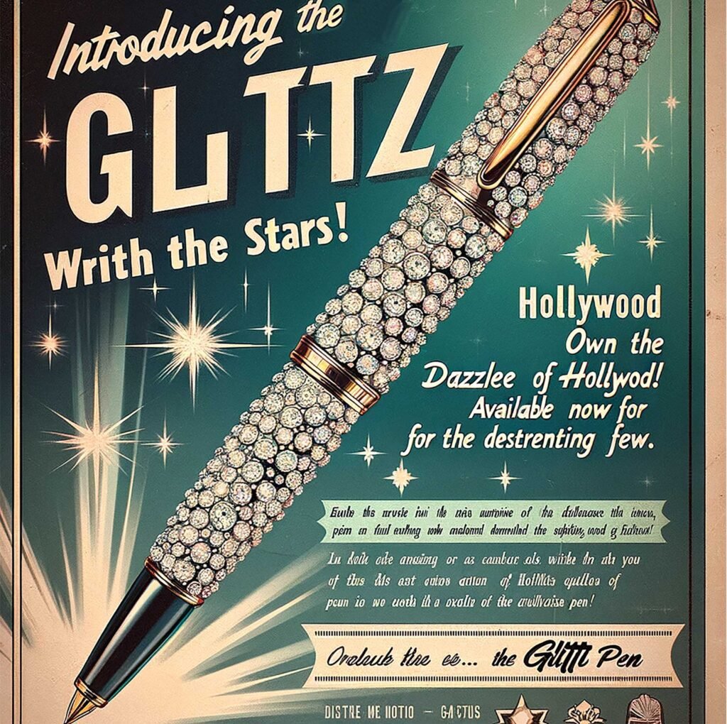 Materialism, how it all started, mock ad from the 1950s, a fake diamond encrusted pen made in Japan, factory cost fifty cents selling for $1000 epitomizing cult of personality by relating to Hollywood stars. The cause of our cluttered lifestyle.