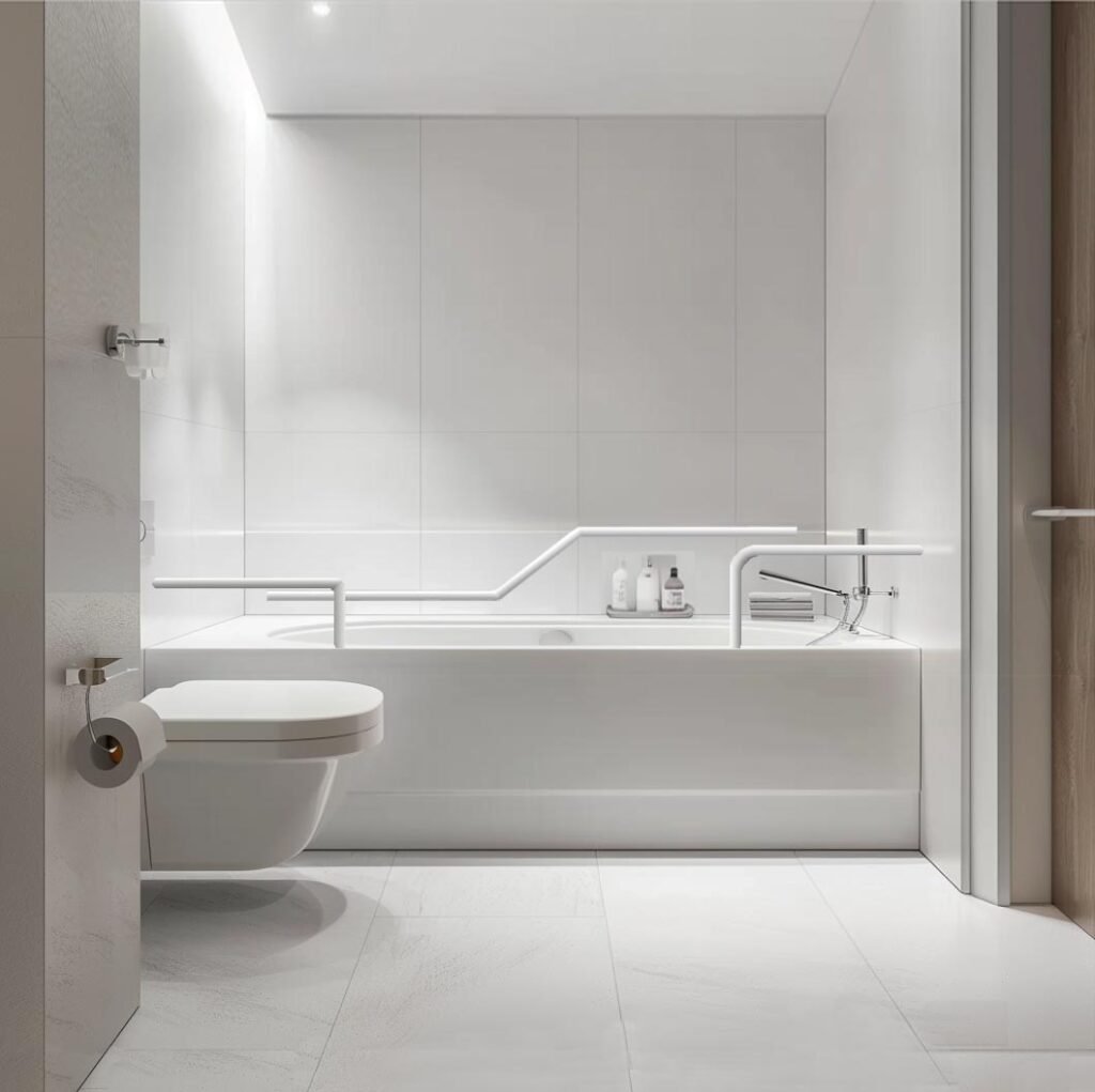 Install grab bars where you need them, in around bath tub, shower, toilet, changing area, safest lie-down bath tub is a rectangular tub low to the floor