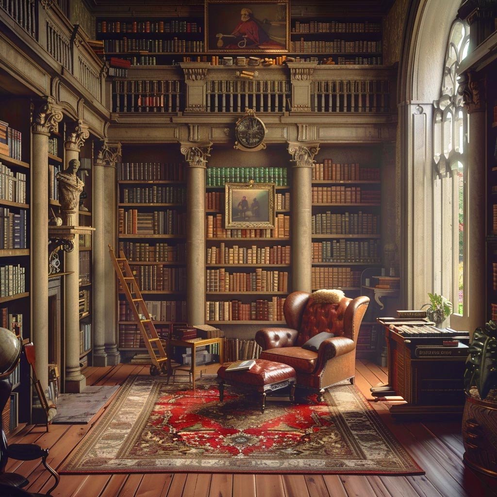 classic baroque style library with high ceiling and paladian window