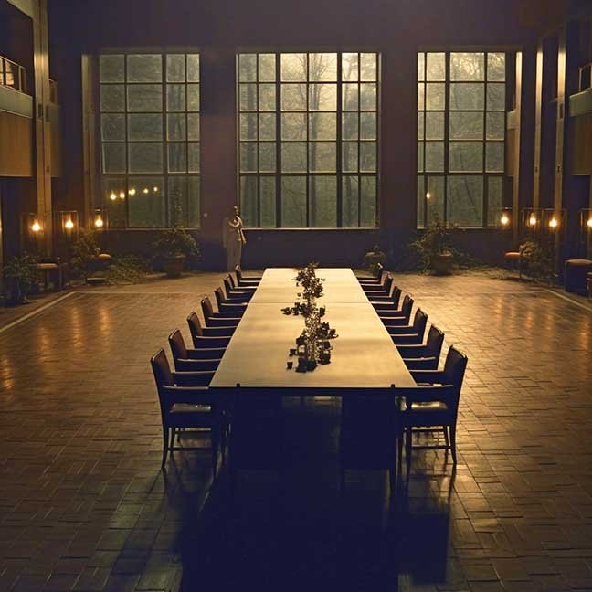 grand dining hall with high ceiling and view of the estate outside