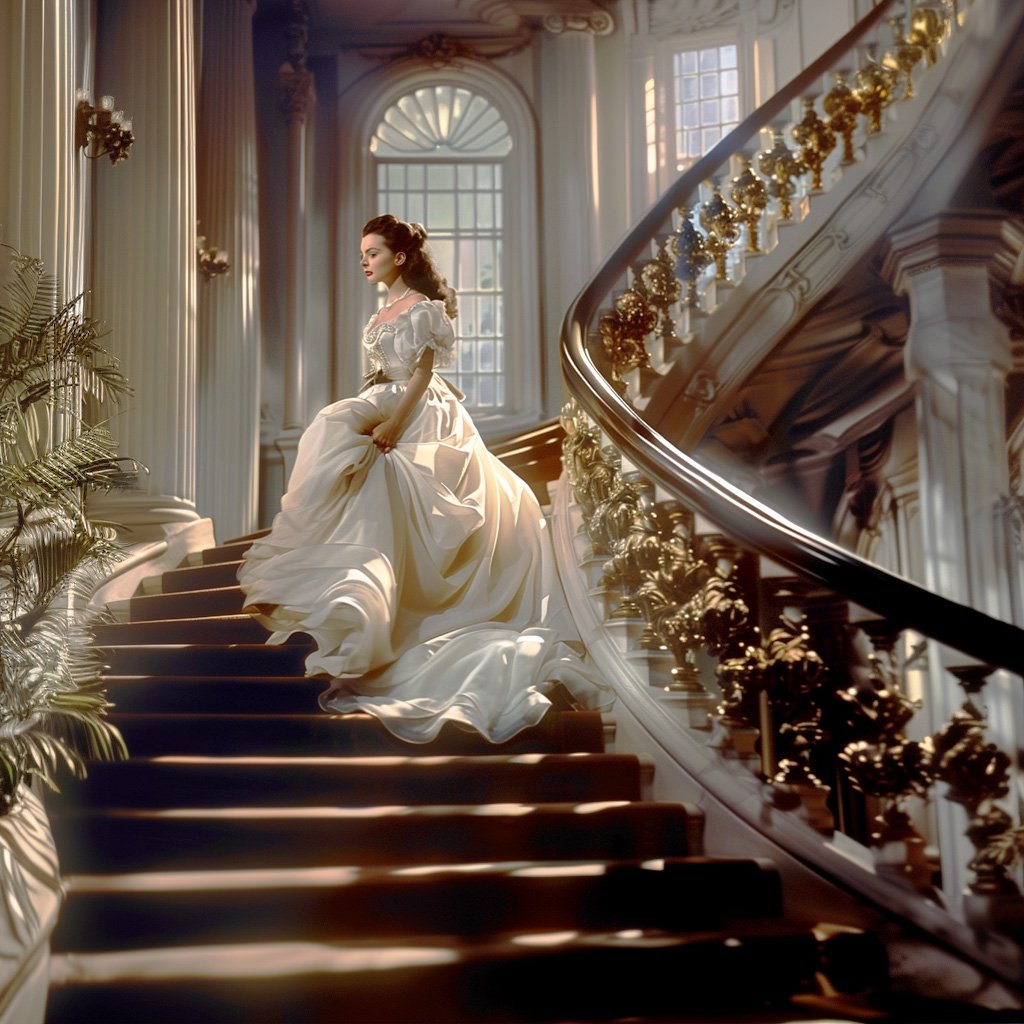 our notion of house: gone with the wind style grand curved staircase with beautiful lady descending it