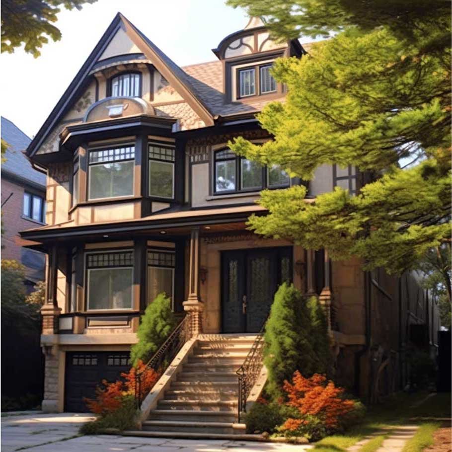 Old but well kept Victorian house with high stair reaching main floor, steep roofs, painted woodwork and ornamental decorations