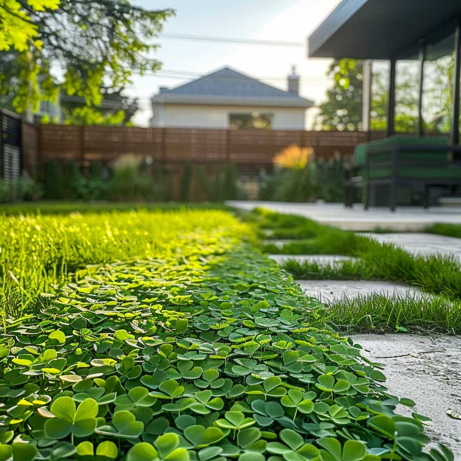 clover lawn small backyard, environmentally friendly, save on water, fertilizers, mowing, exhaust fumes, etc.