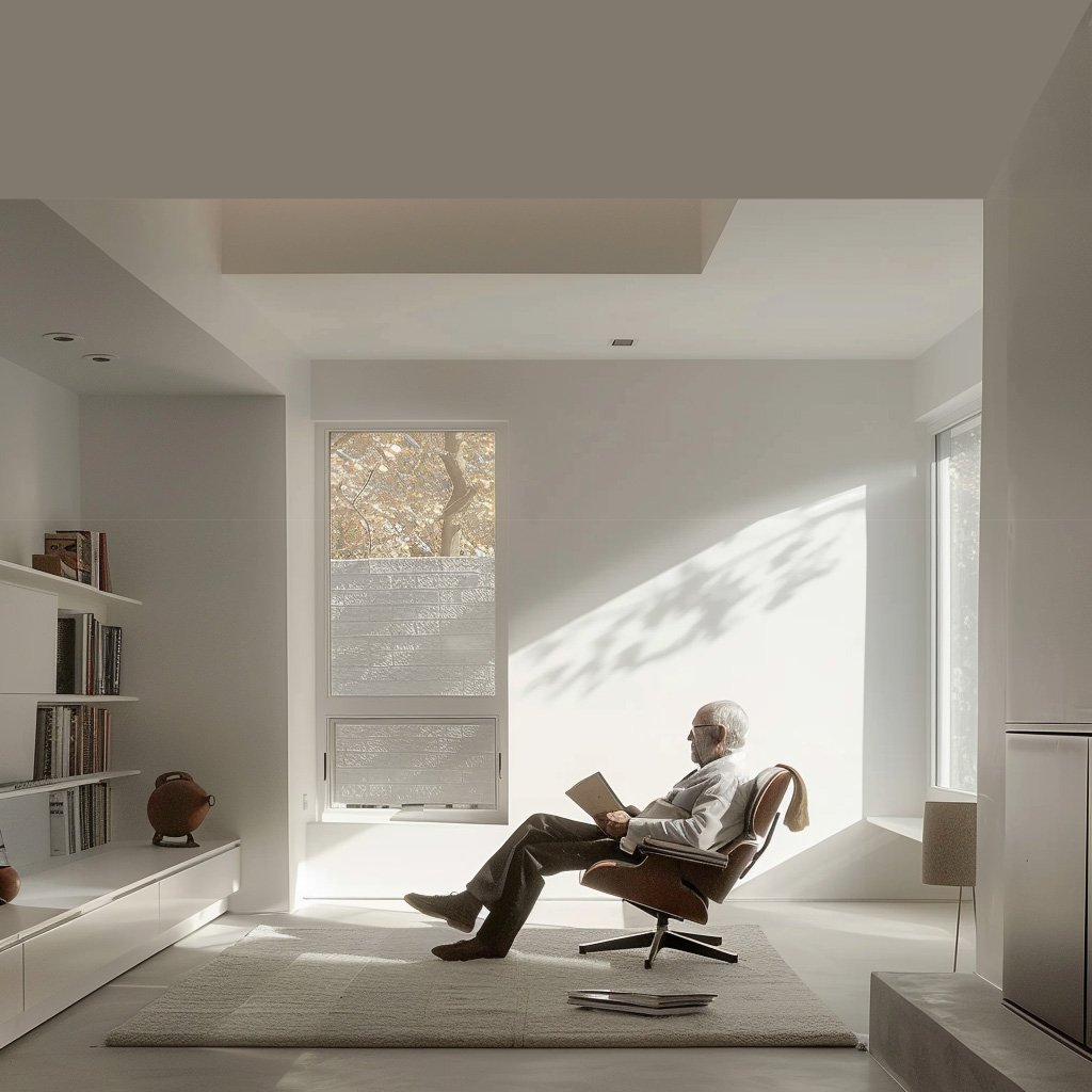 the joy of minimalism - ultra modern white minimalist interior, old man sitting comfortably in a Herman Miller armchair reading a book, uncluttered environment