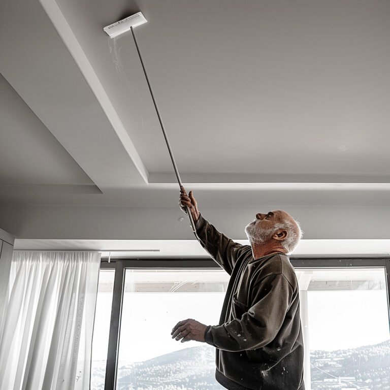 Old man using a Swiffer to wipe the plain ceiling, a chore that is demanding and recurring