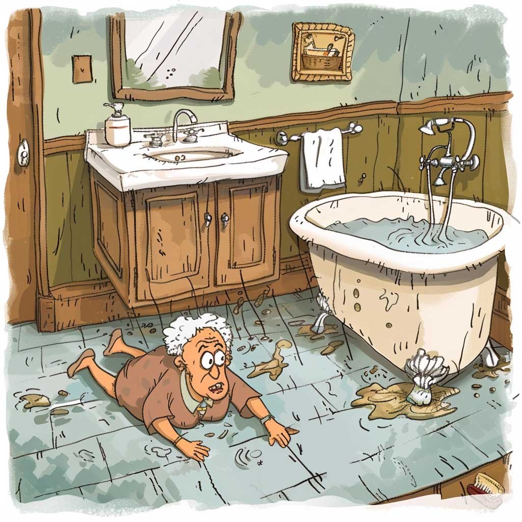 Cartoon of lady lying on the floor in her bathroom after slipping