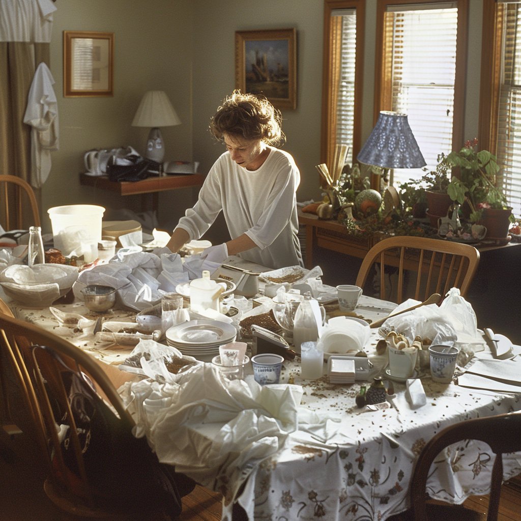 woman sorting her stuff for sale on her dining table, carefully separating them into categories and labelling them.