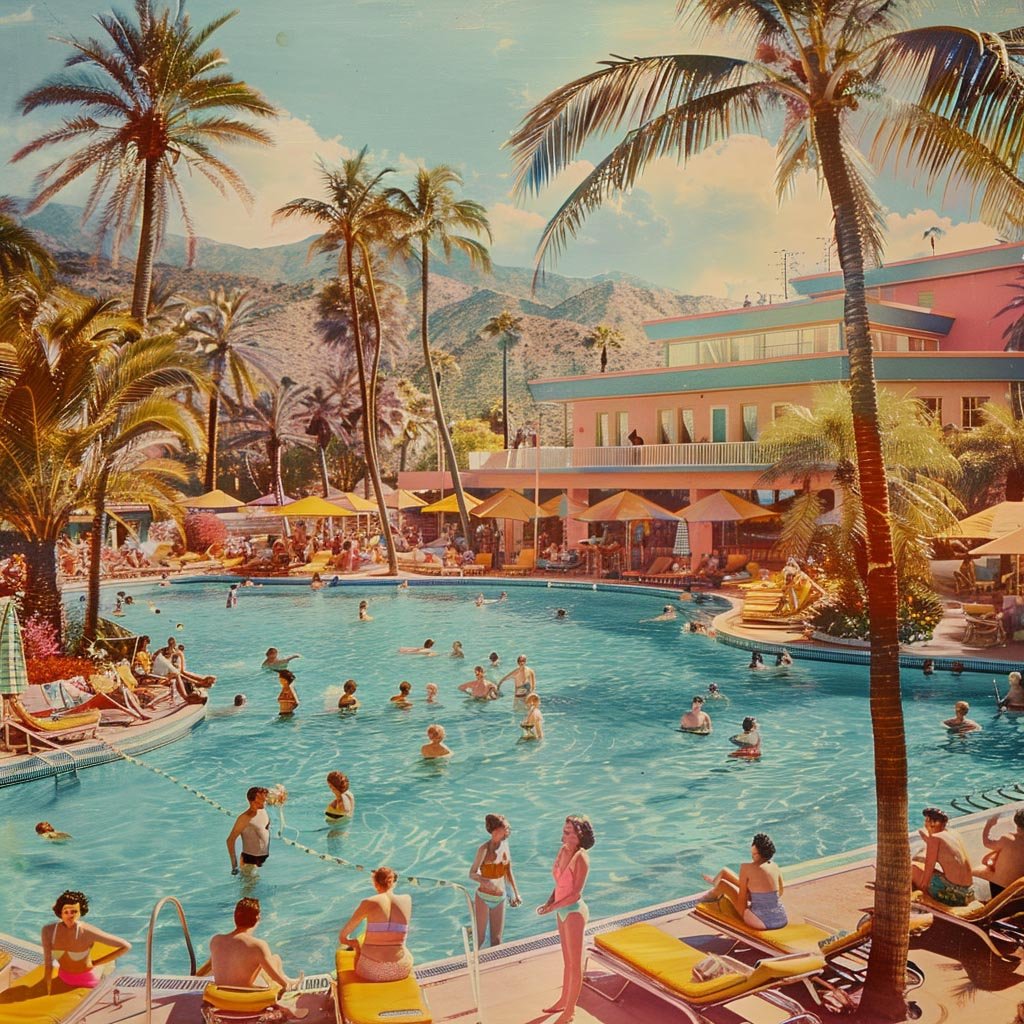 midcentury modern curvilinear swimming pool for a hundred people with palm trees and sunny sky in brilliant colors