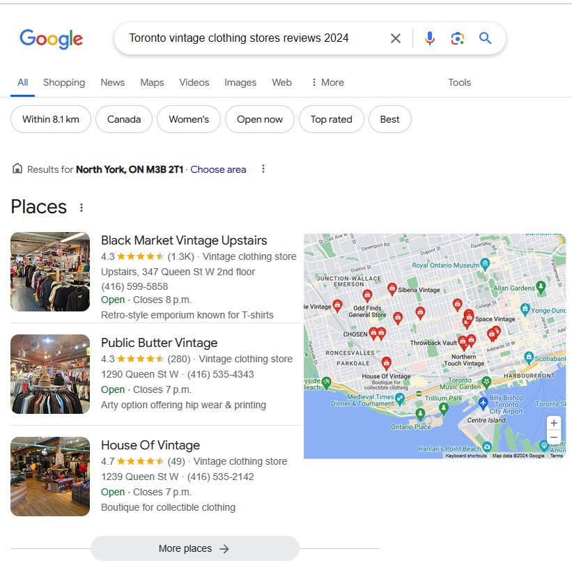 Google search screen for Toronto used clothing stores