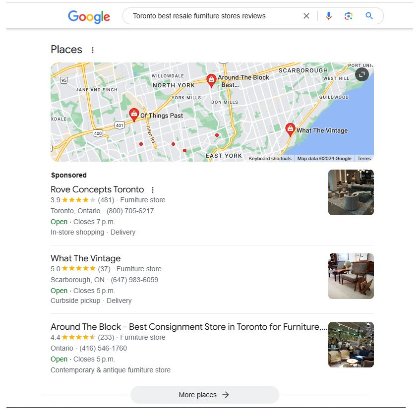 google search screen for Toronto used furniture stores