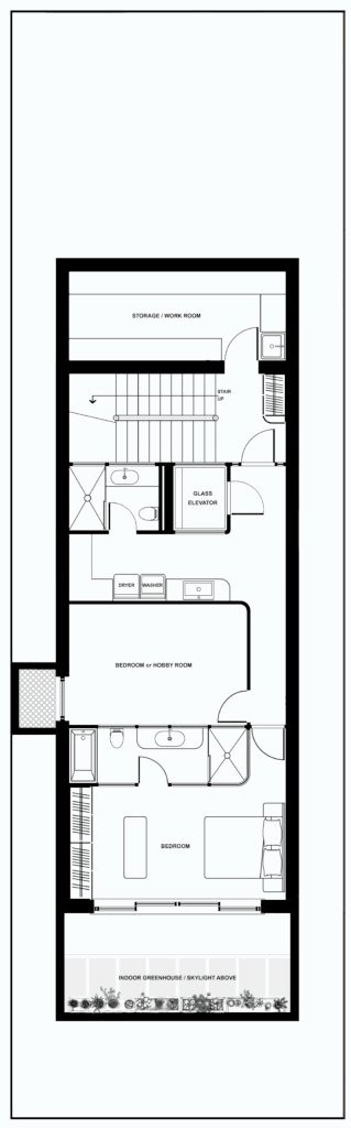 house plans 5 : basement plan of an ideal seniors' house, ample use of smart glass to allow daylight into the basement space, through the window and the skylights, good ceiling height, fully below ground for best thermal and acoustic insulation