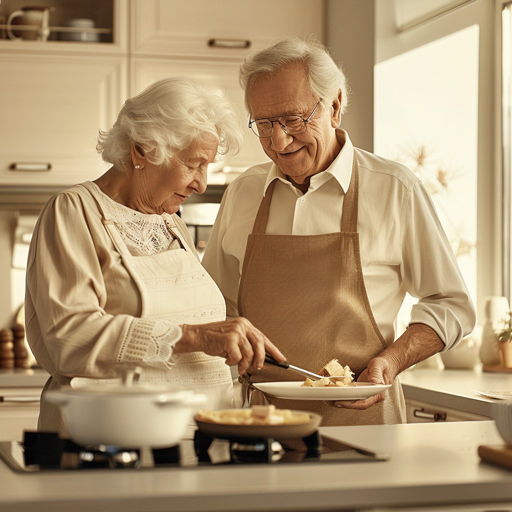 An older couple have fun in testing new recipes in their own kitchen