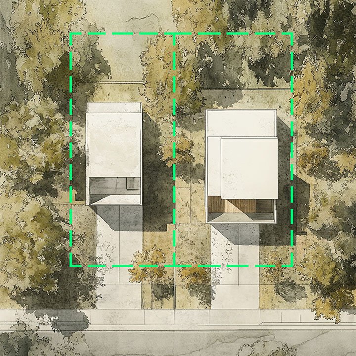 2 narrow lots created from one wide lot, two small houses built on the lots suitable for seniors