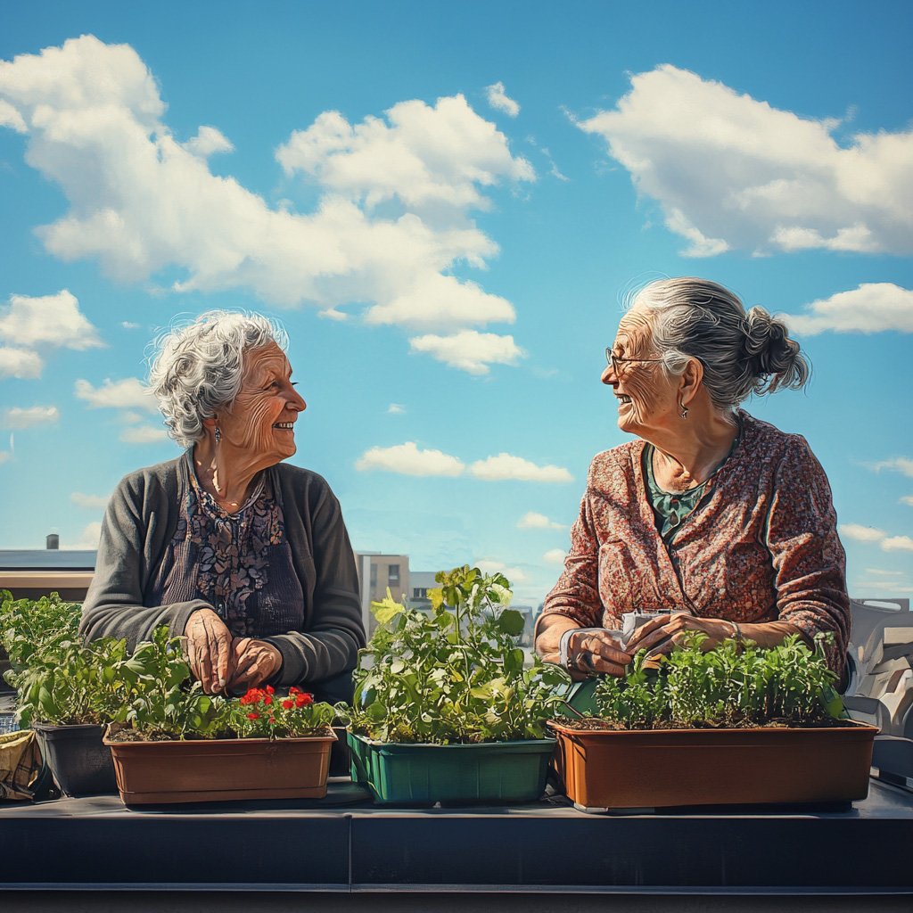 two ladies having fun in roof top gardening