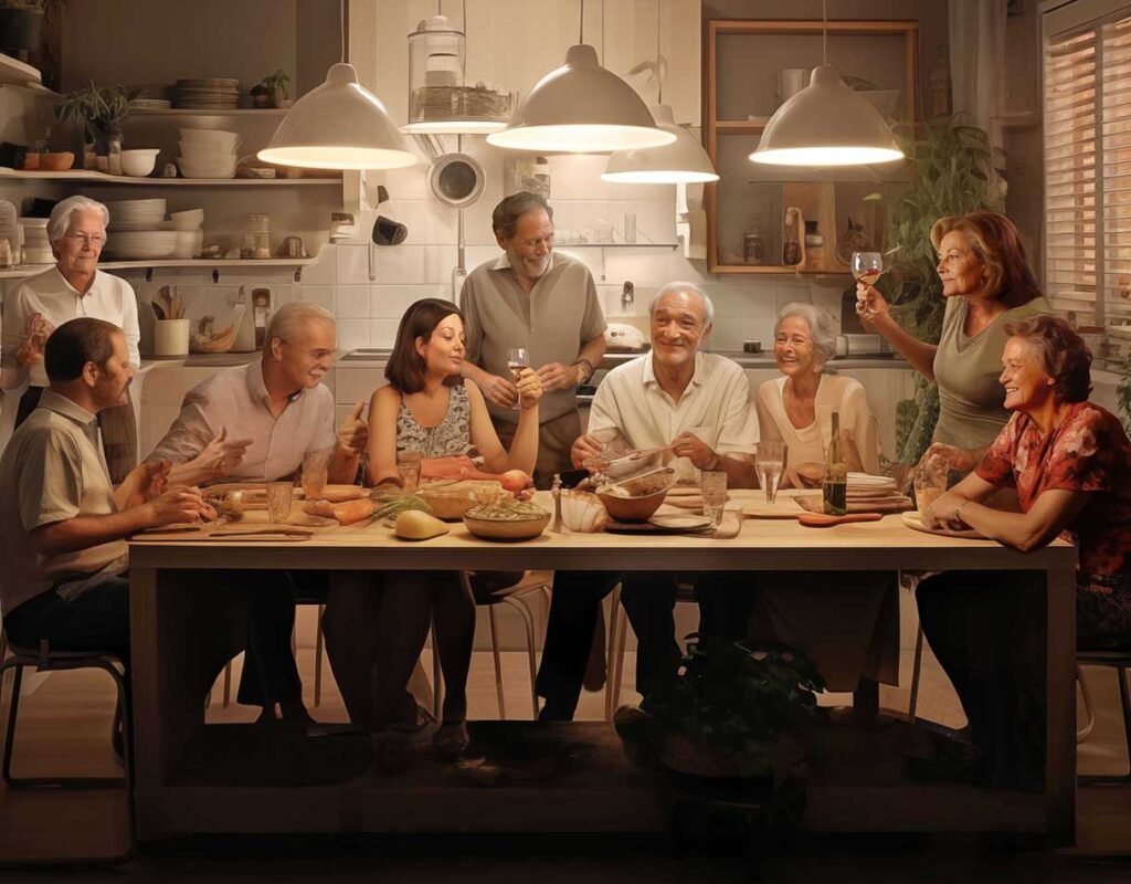 Seniors Like To Party Too. This Enjoyable Dinner Party Is Taking Place Inside A Large Kitchen With A Long Dining Table That Converts Back To Working Counters Afterwards. A Multipurpose Kitchen Eliminates The Need For A Dedicated Dining Room.