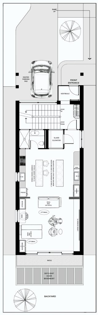 House Plans 1 : A Small House Of One Thousand Square Feet. Long And Narrow In Shape And 20'x50' In Size, Open Concept Multi-Purpose Space With High Visibility, Barrier Free Design - Elevator, Safe Stairway. Snow-melting System In Front.