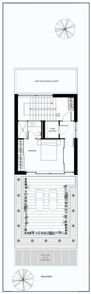 house plans 4 : roof plan of an ideal seniors house with an optional spare bedroom with ensuite bathroom, stair, elevator, walkout to roof top terrace ideal for lounging and container gardening