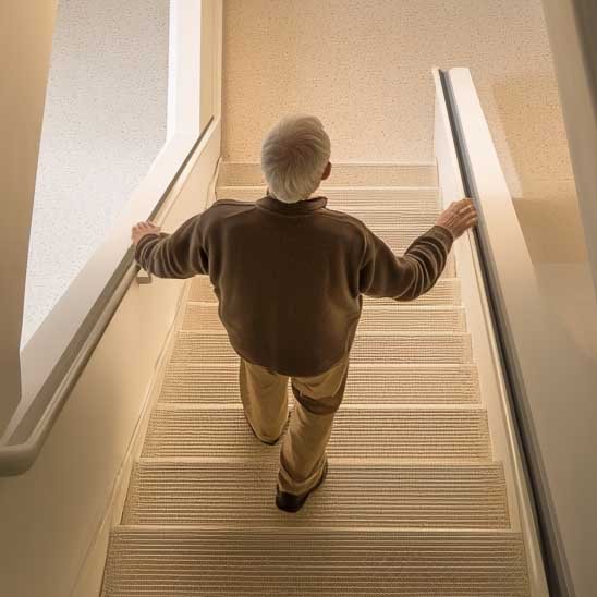 Safe stair Design paramount to proper detailing of seniors' houses, staircase with landing between two equal flights acts as landing platform in case of fall. provide handrail on both sides for the user to grab while using the stair.