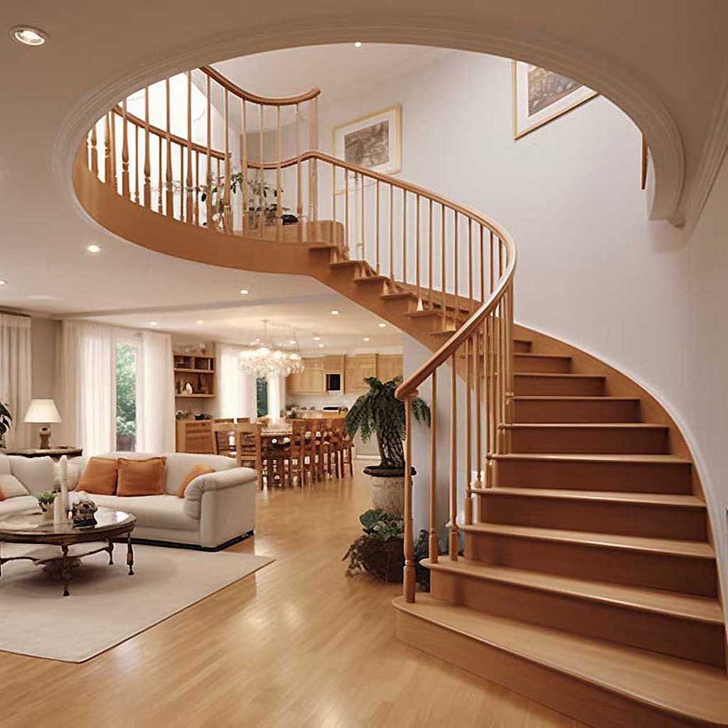 a curved staircase in a typical suburban luxury home, dangerous for seniors