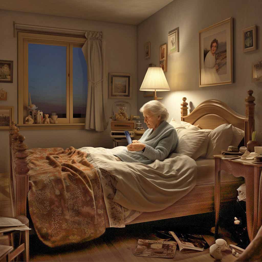 old lady surfing the net with her phone in her high bed, floor is messy and cluttered, traditional bedroom, danger of tripping and falling