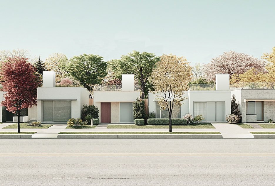 a refreshing row of seniors detached houses on a street with small tree species, houses are single storied with roof garden, trees are various species of local origin but low in maintenance