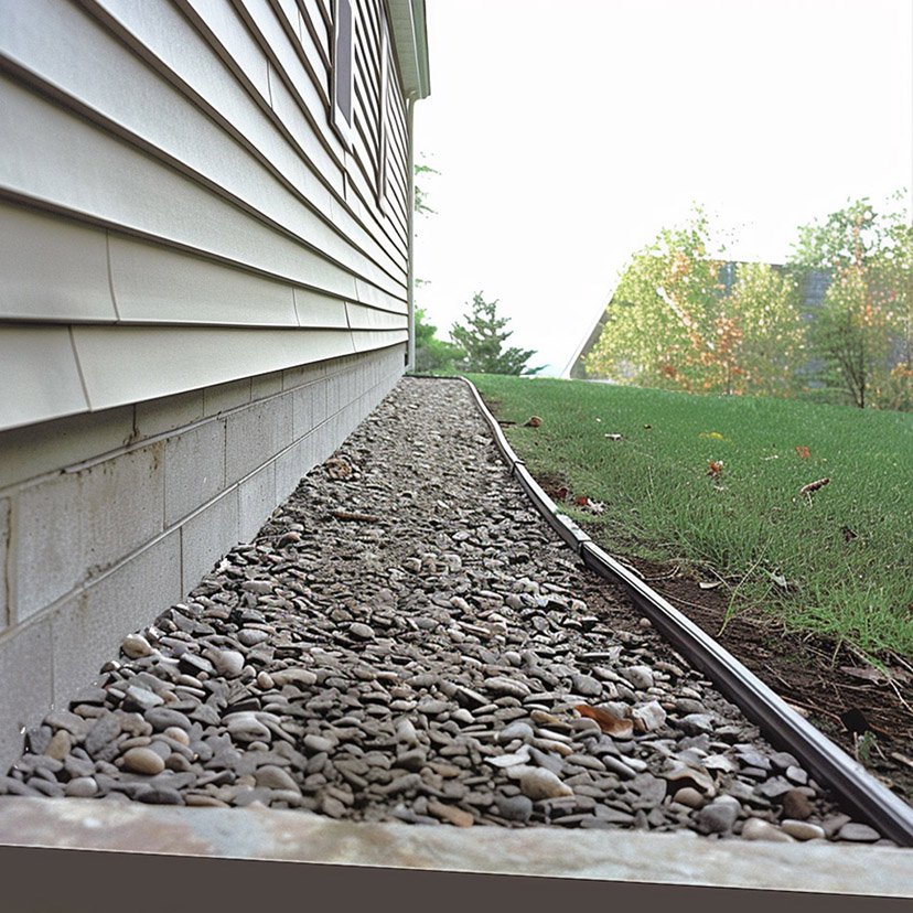 photo of grading adjacent to house, strip of gravel nearest to house foundation graded to shed water away from house, separator strip and then lawn sloping away from house