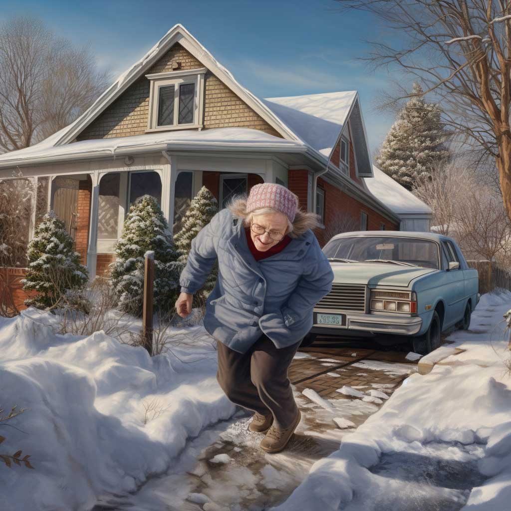 old woman slipping on ice in her driveway with house and car in the background