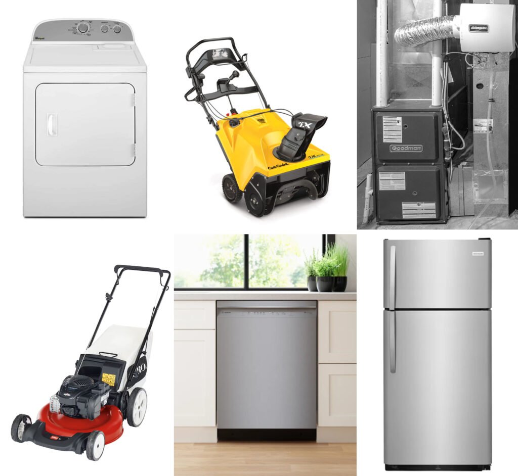 home appliances need maintenance and repair, they all have their lifespans, choose the reliable and durable ones when you purchase, in this picture there are 6 appliances : washing machine, snowblower, furnace, lawnmower, dishwasher and fridge.