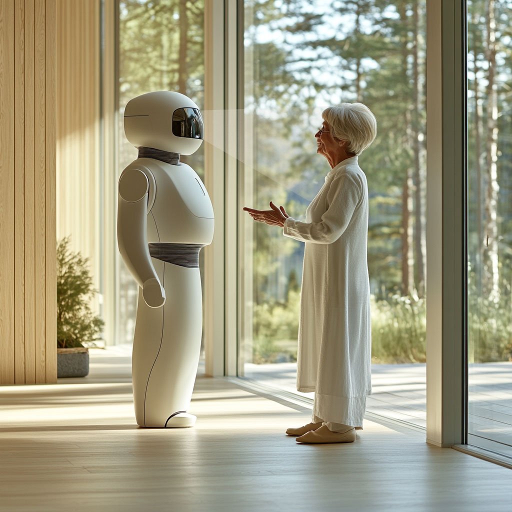 A humanoid robot scanning a senior without her noticing while chatting amiably with the old lady. In a few years, robots can help monitor the health and well-being of seniors in their own houses.