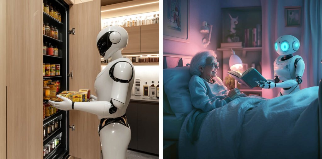 left photo : robot is putting things away and organizing the kitchen pantry; right photo : robot is reading a book to an old lady in bed at night