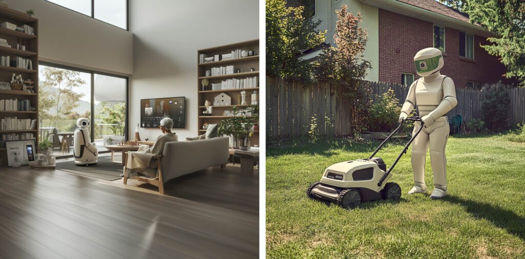 left photo : to keep senior's mind active, robot is seen playing chess with old lady; right photo : robot is mowing lawn