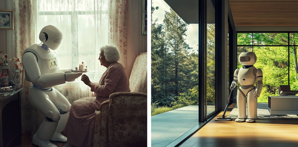 left photo : robot giving medication to senior; right photo : robot vacuuming floor in a simple beautiful modern house