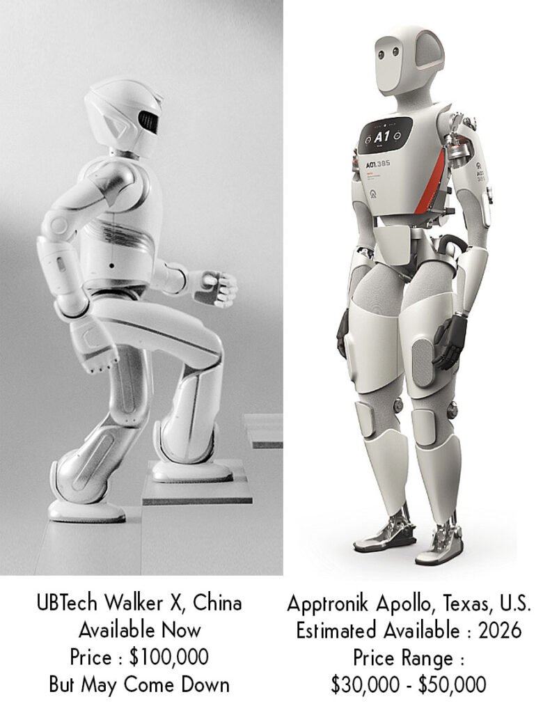 2 pictures of robots in development : left - UBTech Walker X, China, Estimated Available Now, Price Range High, $96000 right - Apptronik Apollo, Texas, Estimated Available 2026, Price Range $30000 - $50000