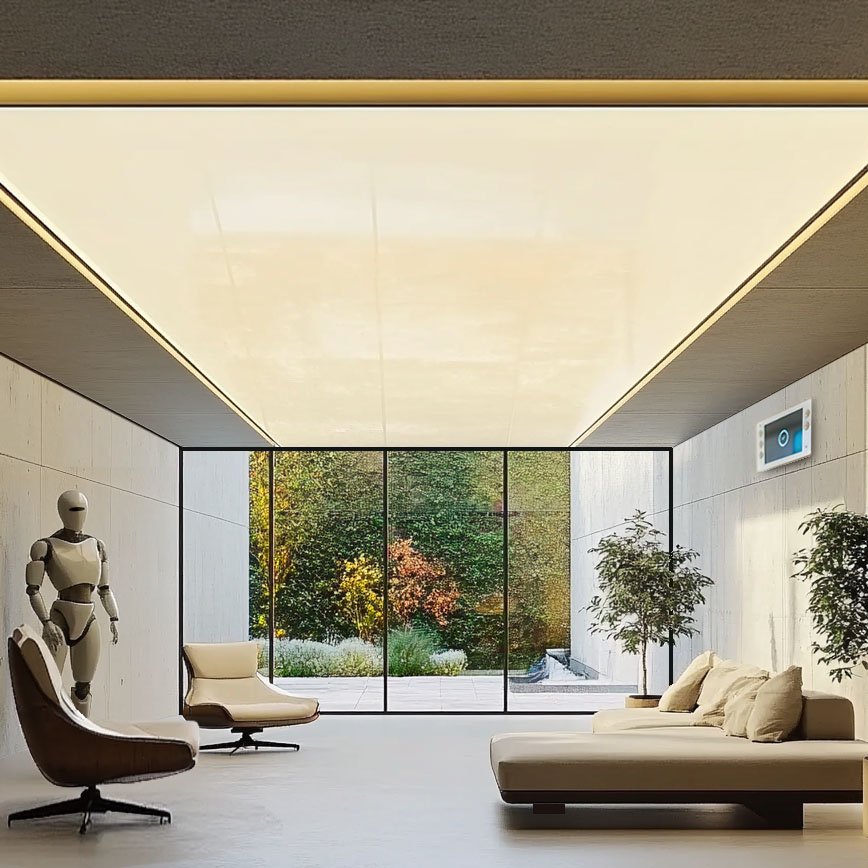 an uncluttered minimalist interior shot of a basement with a private garden with skylights above, a robot standing to attention on the left hand side, on the right side is a wall with a computer tablet mounted high up the wall fitted with modular plugged in sensors detecting and monitoring changes in the surrounding - it talks to the robot 24/7