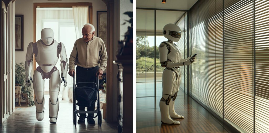 left photo : robot is walking with old man with walker, showing him how to do it best and at the same time keeping him company and safe; right photo : robot is adjusting and calibrating the amount of light, air conditioning or heating and other environmental items