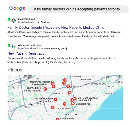 Google search, enter "new clinics taking patients Toronto", you may actually find listing of clinics posting new patients accepted, in the map check out the red does and call the suitable ones to inquire